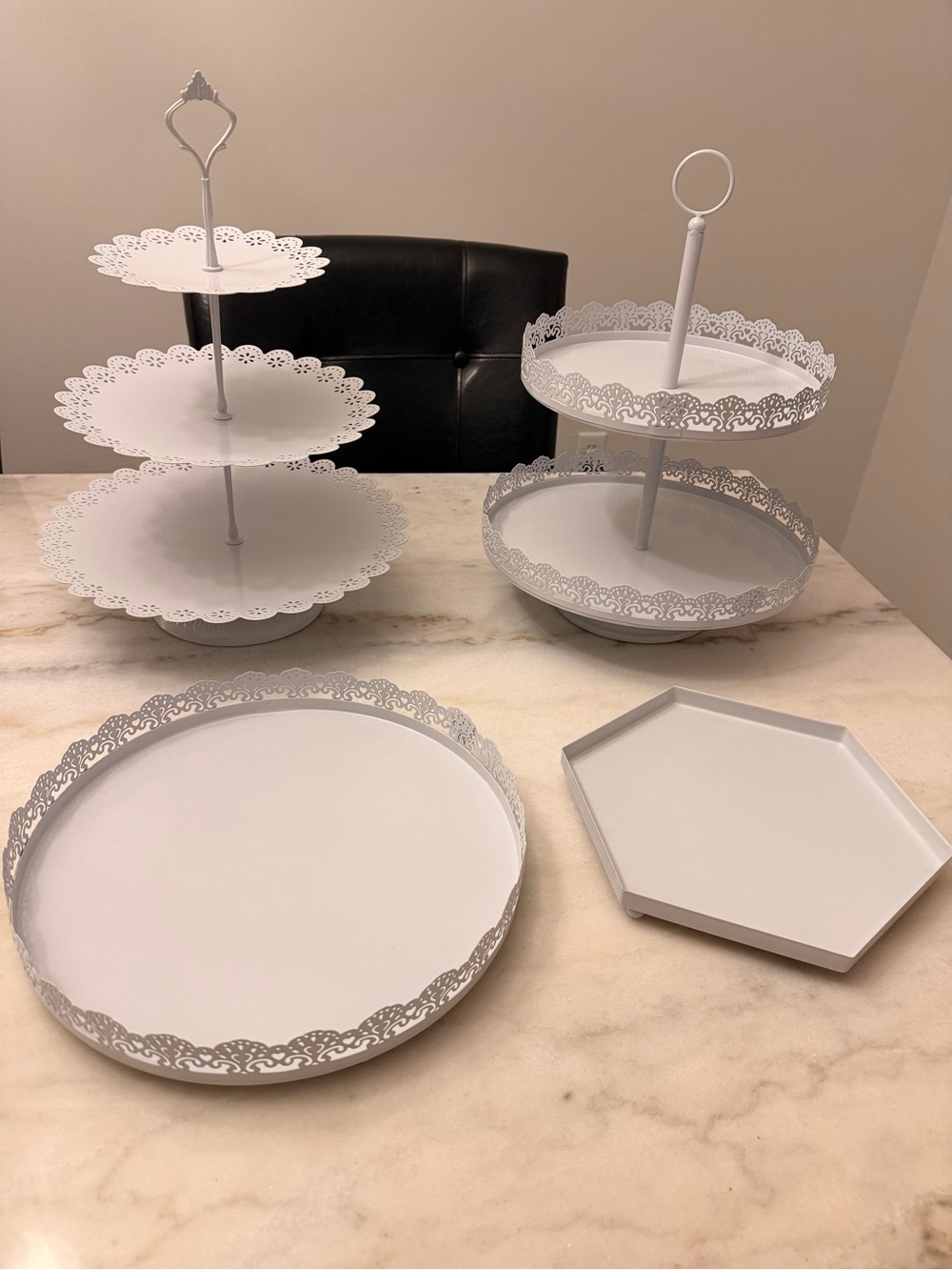 White Metal Tiered & Serving Trays Set